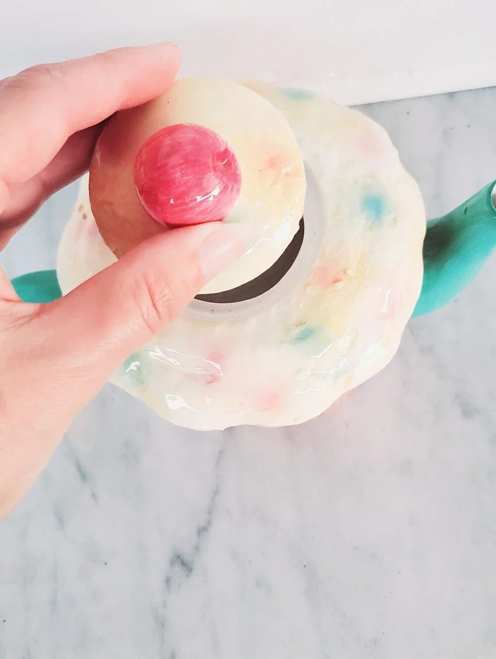 Cupcake Teapot Sprinkles Cherry Lid Ceramic Green Multi Colored Pastel Vintage